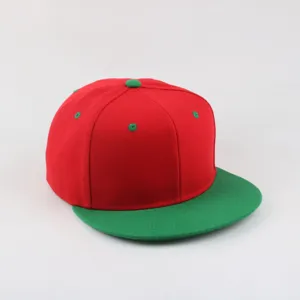 Red and green flat brim baseball cap detail, hip hop snapback hat view, stylish streetwear.