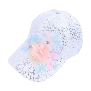 Women's white sequin baseball cap with floral embroidery and rhinestones. Breathable sun hat.