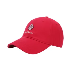 Red baseball cap with embroidered shield logo, stylish casual cotton hat for summer wear.