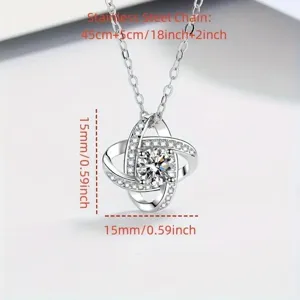 Stainless steel zircon clover pendant necklace detail view with sparkling stone charms