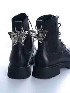 Black leather combat boots with detachable silver gothic hollow butterfly charms pendant.