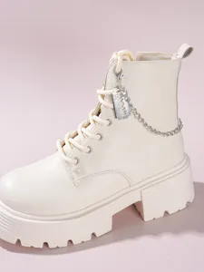 Women's off-white chunky platform combat boots with cool metal chain razor blade pendant.