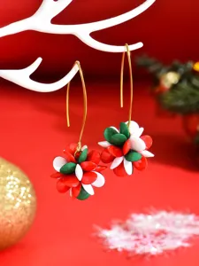 Closeup shot of Christmas flower beaded earrings showing colorful acrylic petals detail