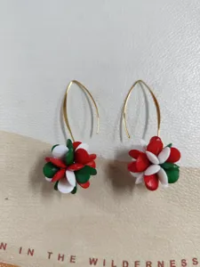 Christmas acrylic beaded flower earrings, red white green festive drop hook fashion jewelry.