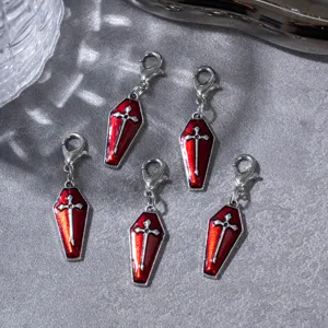 Gothic red coffin metal charms with silver cross, lobster clasp pendant for boots and bags.