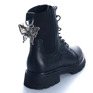 Black leather vintage martin boots with gothic hollow butterfly pendant charm footwear accessories.