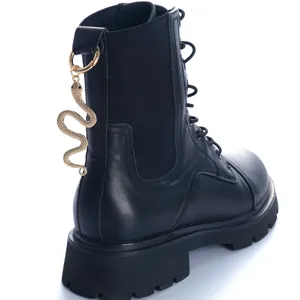 Punk style black leather martin boots with gold snake charm pendant chunky heel fashion shoes
