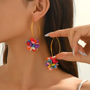 Colorful acrylic beaded flower drop earrings for women, trendy gold-tone hook fashion jewelry.