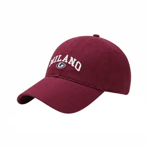 Burgundy cotton baseball cap with stylish MILANO embroidery, soft top casual hat for daily wear.