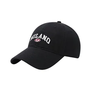 Detailed view of black baseball cap with white MILANO embroidery and soft crown design.