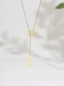 Minimalist stainless steel gold plated circle and long bar lariat necklace for daily wear.