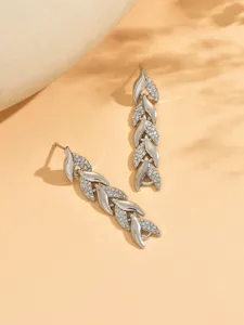 Stunning silver rhinestone leaf fish tail earrings detailed close-up shot for party wear.