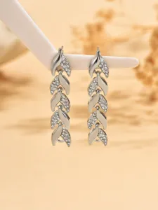 Elegant silver tone rhinestone paved long leaf drop earrings for women luxury banquet jewelry