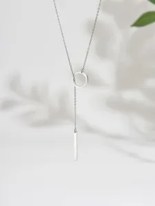 Stainless steel Y necklace with circle and bar pendant, minimalist delicate chain jewelry.