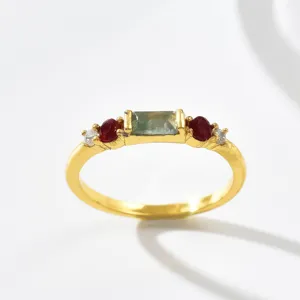 Vintage Copper Natural Stone Inlaid Red Rhinestone Geometric Ring Women Minimalist Fashion Statement Finger Jewelry Gift