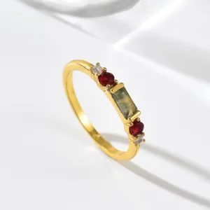 Vintage gold copper ring with green natural stone and red gemstone for women fashion jewelry