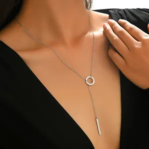 Minimalist stainless steel Y-shaped necklace with circle and bar pendant for women daily chic