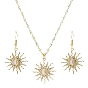 Elegant gold alloy rhinestone sun pendant necklace and matching earrings set for women