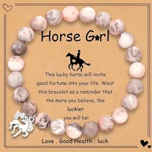 Natural Pink Zebra Stone Beaded Bracelet With Silver Horse Pendant And Display Card Fashion Women Jewelry Gift