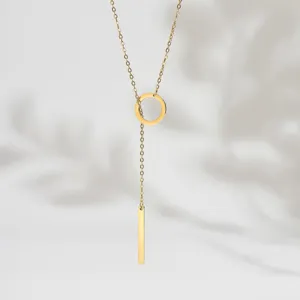 Minimalist stainless steel circle bar lariat necklace elegant gold clavicle chain fashion