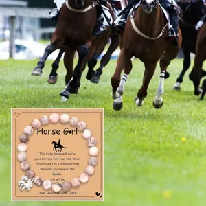 Natural stone beaded bracelet with horse theme display card, fashion jewelry gift for women.