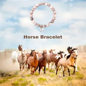 Exquisite pink zebra jasper beaded bracelet with horse charm, handmade natural stone jewelry.