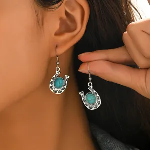 Orecchini Pendenti Etnici in Lega Turchese a Forma di U Stile Bohemien Retro con Perno in Acciaio Inossidabile per Donna