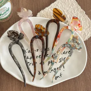 Handmade Acetate Bow U-Shaped Hairpin For Women Retro 3D Butterfly Bun Hair Stick Ins Style Hair Accessories Fashion Headpiece