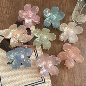 Transparent iridescent flower hair claw clips, aesthetic acrylic shark clips for women daily use.