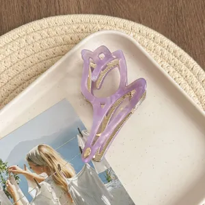 Purple tulip hair claw clip elegant acetate shark clip French style hair accessory detail view