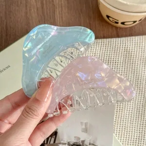 Detailed view of trendy translucent acetate hair claw featuring stylish pearlescent colors.