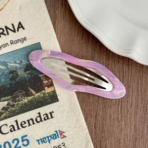 Korean vintage purple marbled hair clip detail shot, stylish side bbb clip for bangs.