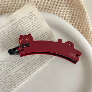 Cute red cat banana hair clip with bow rhinestone, elegant french twist hair claw for women.