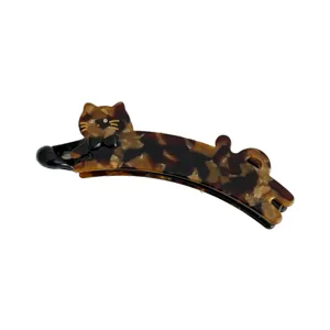 Tortoiseshell Cat Banana Hair Clip Cute Acetate Hair Claw with Bow and Rhinestones