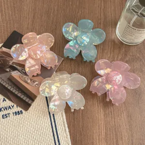 Translucent iridescent flower hair claw clip, cute resin shark clip for women hair styling.