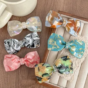 French Retro Acetate Bow Hair Clip Rhinestone Spring Clip Elegant Hair Accessories For Women Daily Hair Styling
