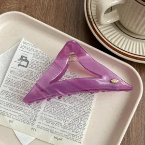 Retro acetate triangle hair claw clip for women, stylish purple large shark hair catch.
