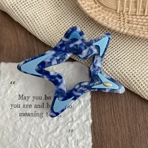 Blue marbled star hair claw clip large acetate hair accessory for women styling daily wear