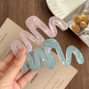Detailed view of iridescent wavy hair claw clip, aesthetic acetate shark design.
