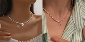 Elegante zilveren hart hanger ketting voor vrouwen, glanzende sleutelbeen ketting sieraden.