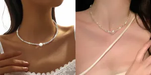 Elegant parel sprankelende sleutelbeinketting detail, luxe minimalistische zilveren ketting.