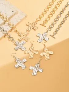 Minimalist OT buckle alloy cross pendant necklace and earrings set for daily wear.