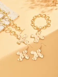 Minimalist cross alloy pendant necklace bracelet earrings jewelry set elegant gold fashion style