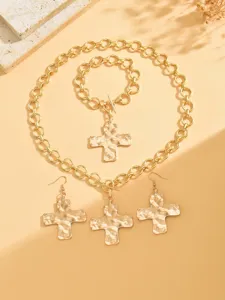 Gold alloy cross jewelry set featuring a chunky chain necklace, bracelet and earrings.