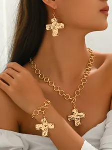 Gold cross jewelry set necklace earrings bracelet fashion metallic OT buckle accessory 1pc