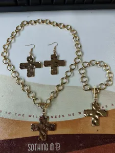 Gold hammered cross jewelry set including necklace bracelet and earrings for women style