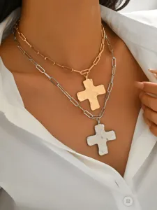 Double layer necklace set featuring gold and silver chunky chains with irregular cross pendants for women.