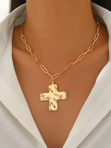 Gold-plated paperclip chain necklace with a hammered cross pendant for women fashion.
