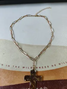 Gold paperclip chain cross pendant necklace with OT closure, minimalist trendy jewelry.