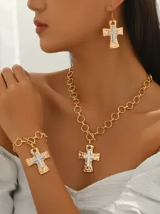 Gold textured cross pendant necklace earrings bracelet jewelry set fashion accessories